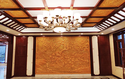 静安中式别墅客厅中式木作横梁吊顶装饰展示